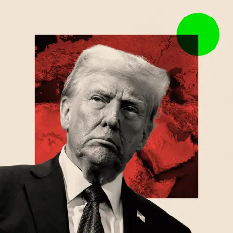 BBC A montage image: Includes black and white image of Trump and a red map