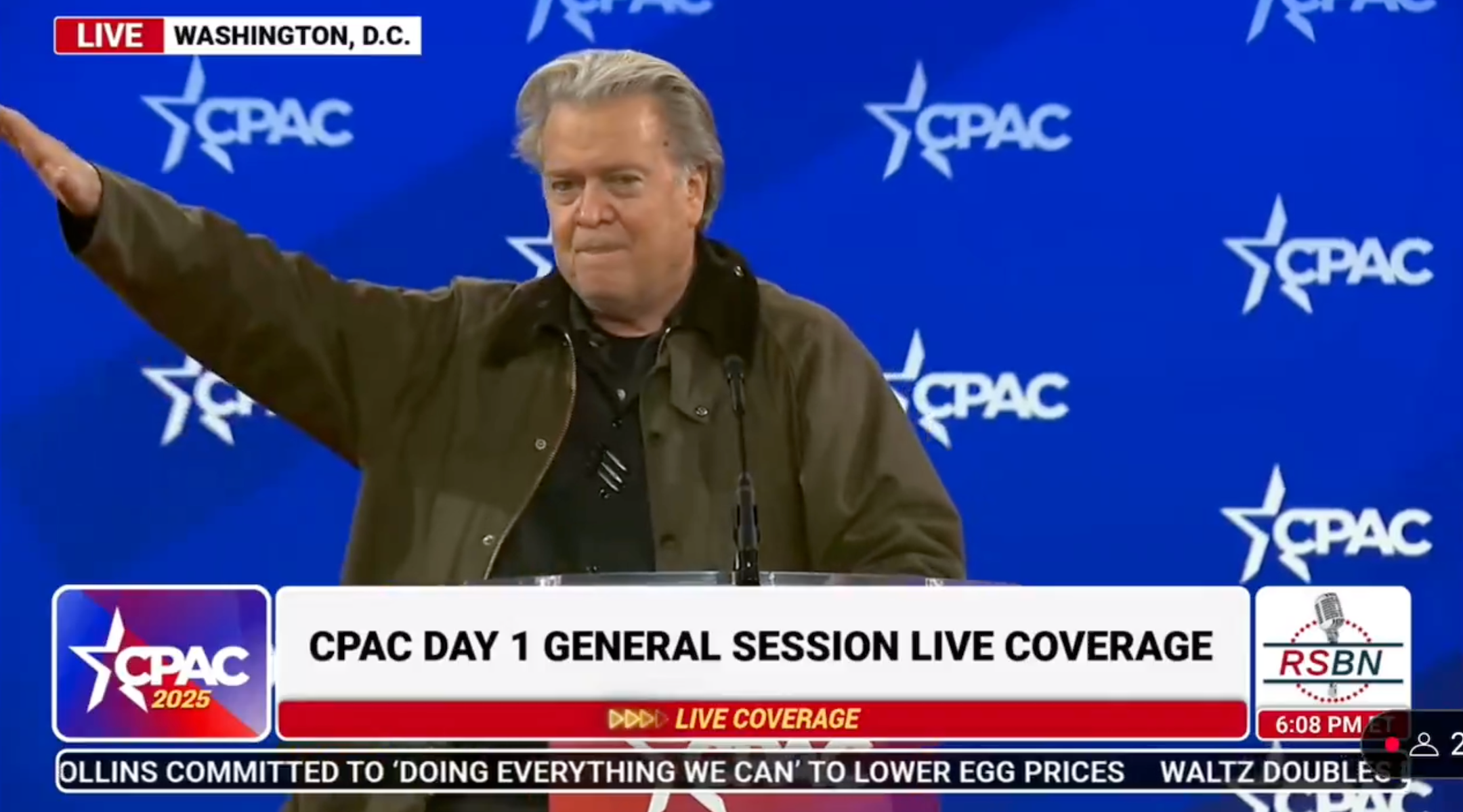 After rebuke from far-right French leader, Steve Bannon denies that his straight-armed gesture at CPAC was a Nazi salute