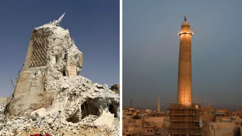 Reuters An image of the destroyed al-Hadba minaret sits side by side with another image of the newly-restored minaret rising into the sky