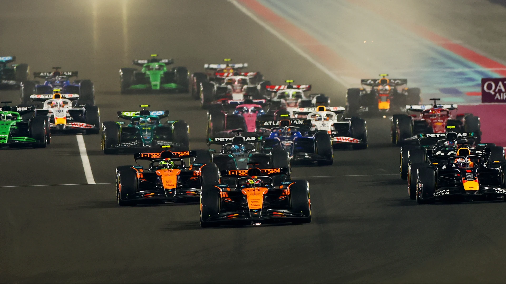 Watch the start of the Qatar Grand Prix as Oscar Piastri leads while Max Verstappen passes Lando Norris