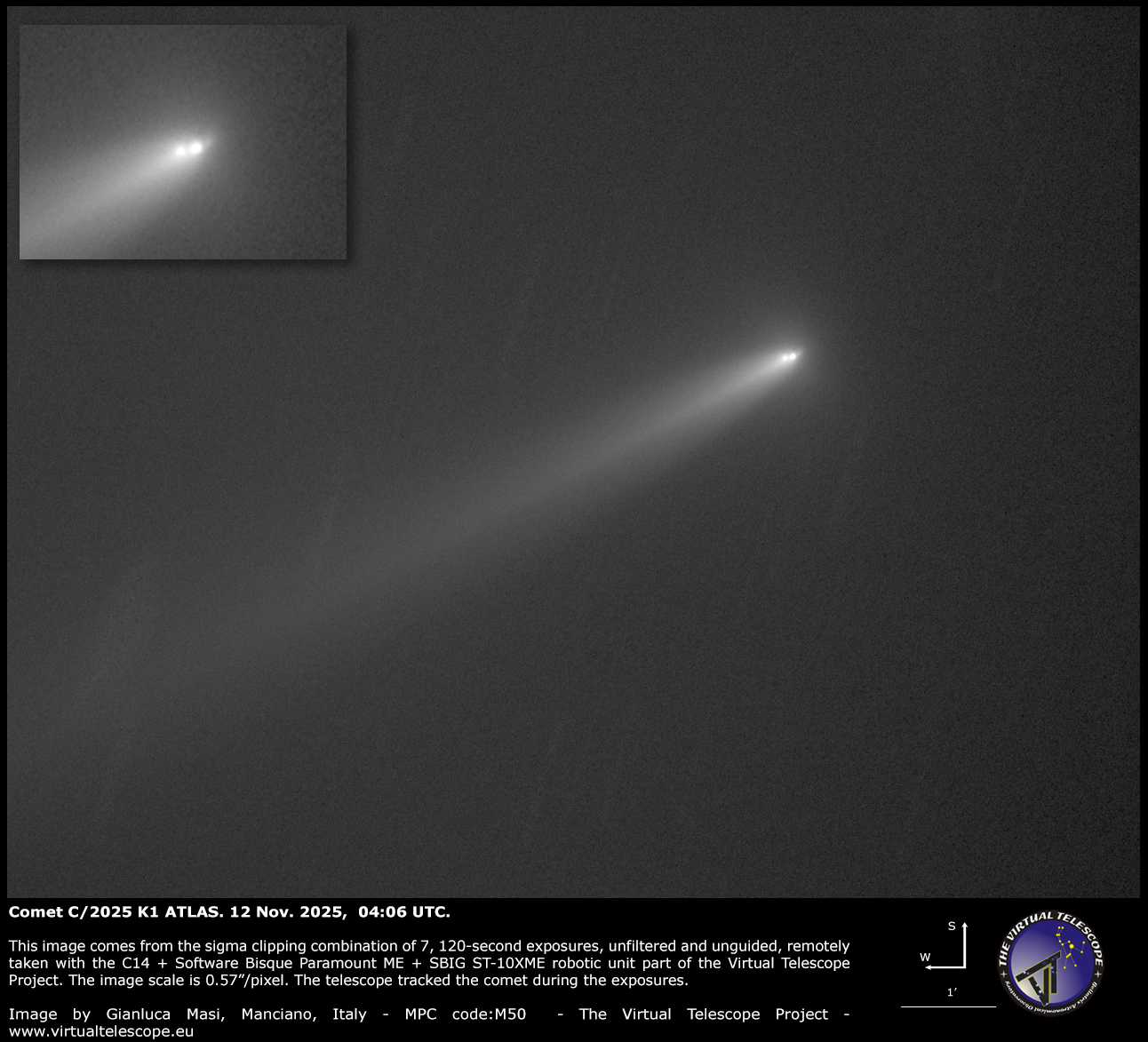 Comet C/2025 K1 ATLAS fragmentation: 12 Nov. 2025 image. Comet C/2025 K1 ATLAS fragmentation: 12 Nov. 2025 image.