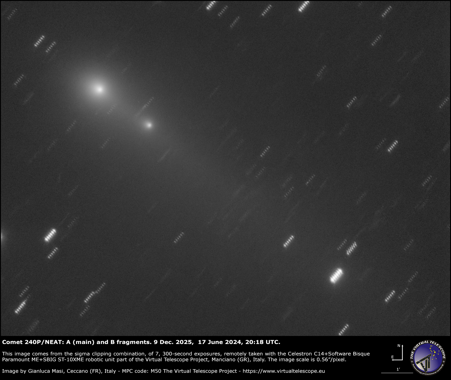Comet 240P/NEAT fragments: two images – 19 Nov. & 9 Dec. 2025.